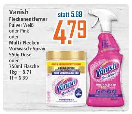 Vanish Fleckenentferner Pulver Weiß oder Pink oder Multi-Flecken-Vorwasch-Spray 550g Dose oder 750ml Flasche