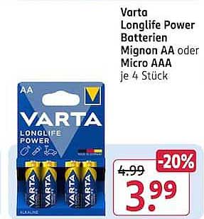 Varta Longlife Power Batterien Mignon AA oder Micro AAA je 4 Stück