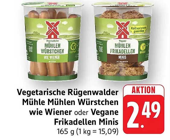 Vegetarische Rügenwalder Mühle Mühlen Würstchen wie Wiener oder Vegane Frikadellen Minis