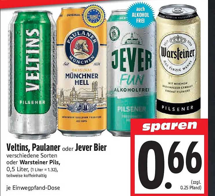 Veltins, Paulaner oder Jever Bier verschiedene Sorten oder Warsteiner Pils, 0,5 Liter (1 Liter = 1.32), teilweise koffeinhaltig