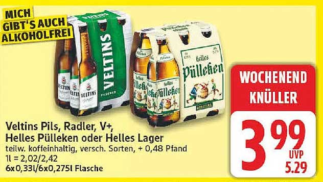 Veltins Pils, Radler, V+, Helles Pülleken oder Helles Lager