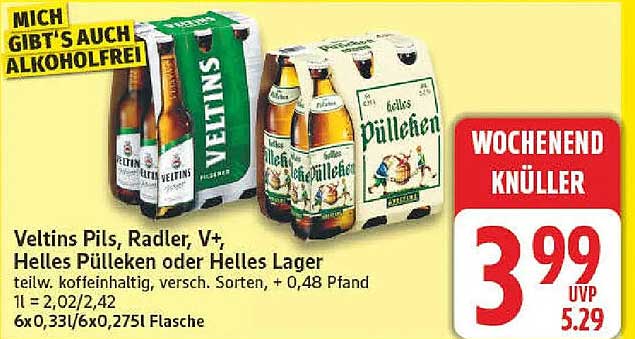 Veltins Pils, Radler, V+, Helles Pülleken oder Helles Lager