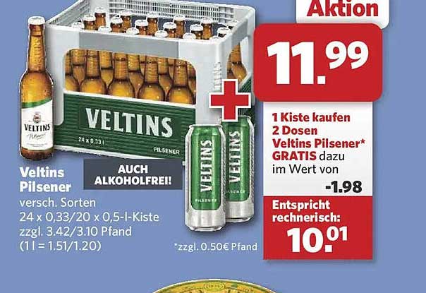 Veltins Pilsener verschied. Sorten 24 x 0,33/20 x 0,5-l-Kiste zzgl. 3.42/3.10 Pfand (1l = 1.51/1.20)