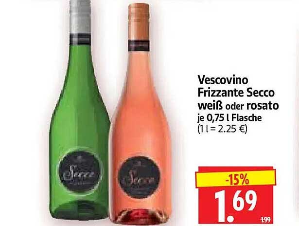 Vescovino Frizzante Secco weiß oder rosato je 0,75 l Flasche (1 l = 2.25 €)