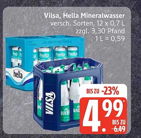 Vilsa, Hella Mineralwasser versch. Sorten, 12 x 0,7 L zzgl. 3,30 Pfand 1 L = 0,59