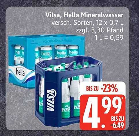 Vilsa, Hella Mineralwasser versch. Sorten, 12 x 0,7 L zzgl. 3,30 Pfand 1 L = 0,59
