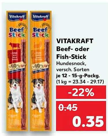 VITAKRAFT Beef- oder Fish-Stick Hundesnack, versch. Sorten je 12 - 15-g-Packg. (1 kg = 23.34 - 29.17)