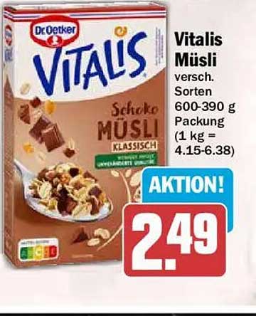 Vitalis Müsli versch. Sorten 600-390 g Packung (1 kg = 4.15-6.38)
