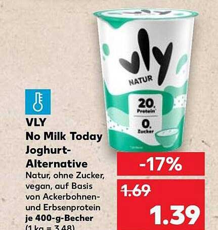 VLY No Milk Today Joghurt-Alternative Natur, ohne Zucker, vegan, auf Basis von Ackerbohnen- und Erbsenprotein je 400-g-Becher (1kg = 3,48)