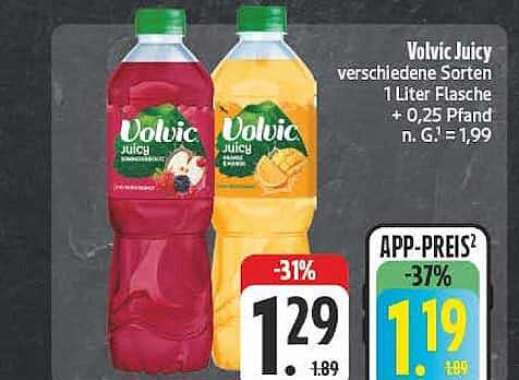 Volvic Juicy verschiedene Sorten 1 Liter Flasche + 0,25 Pfand n. G.¹ = 1,99