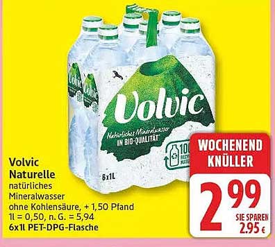 Volvic Naturelle natürliches Mineralwasser ohne Kohlensäure, + 1,50 Pfand 1l = 0,50, n. G. = 5,94 6x1L-DPG-Flasche