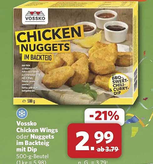 Vossko Chicken Wings oder Nuggets im Backteig mit Dip 500-g-Beutel