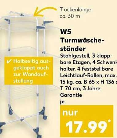 W5 Turmwäschetrockner - Stahlgestell, 3 klappbare Etagen, 4 Schwenkhalter, 4 feststellbare Leichtlauf-Rollen, max. 15 kg, ca. B 65 x H 136 x T 70 cm, 3 Jahre Garantie