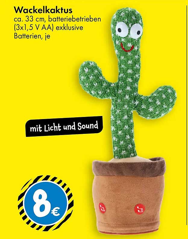 Wackelkaktus ca. 33 cm, batteriebetrieben (3x1,5 V AA) exklusive Batterien, je mit Licht und Sound