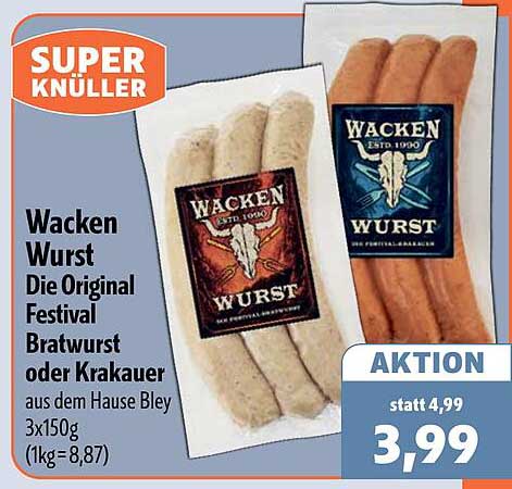 Wacken Wurst Die Original Festival Bratwurst oder Krakauer aus dem Hause Bley 3x150g (1kg=8,87)