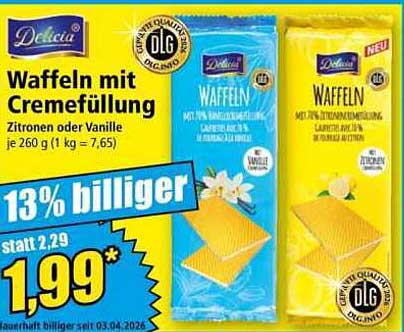 Waffeln mit Cremefüllung Zitronen oder Vanille je 260 g (1 kg = 7,65)