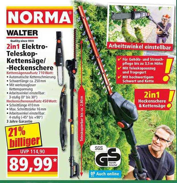 WALTER 2in1 Elektro-Teleskop-Kettensäge/-Heckenschere