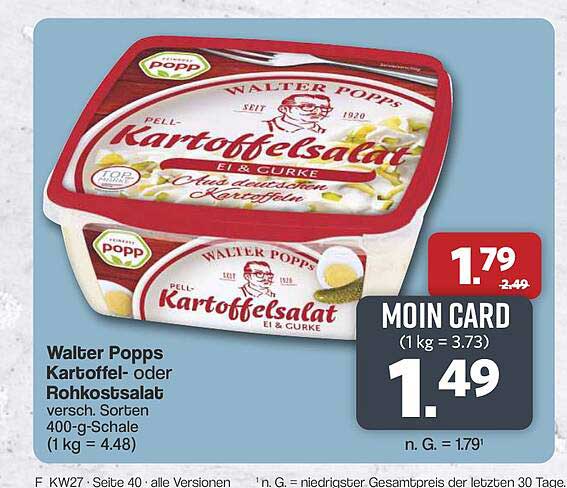 Walter Popps Kartoffel- oder Rohkostsalat versch. Sorten 400-g-Schale (1 kg = 4.48)