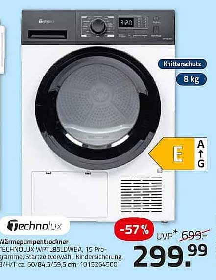 Wärmepumpentrockner TECHNOLUX WPTL85LDWBA, 15 Programme, Startzeitvorwahl, Kindersicherung, 8 kg, H/T ca. 60/84,5/59,5 cm, 1015254500