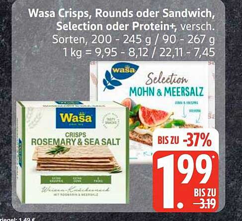 Wasa Crisps, Rounds oder Sandwich, Selection oder Protein+, versch. Sorten, 200 - 245 g / 90 - 267 g