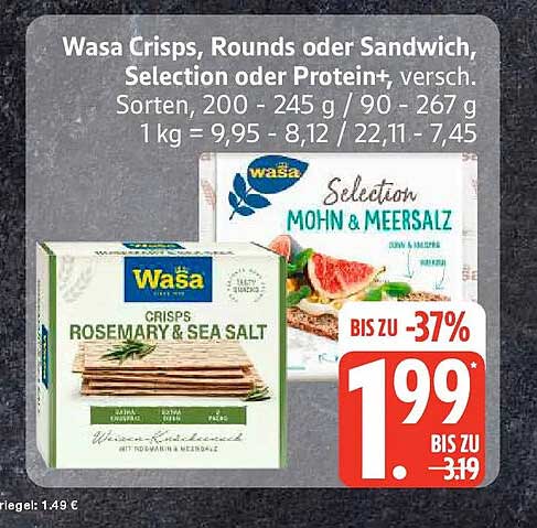 Wasa Crisps, Rounds oder Sandwich, Selection oder Protein+, versch. Sorten, 200 - 245 g / 90 - 267 g
