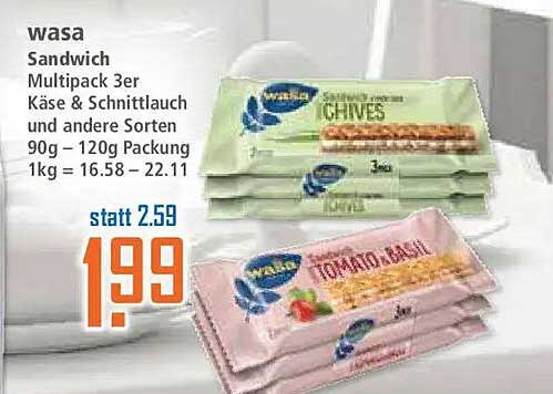 wasa sandwich Multipack 3er Käse & Schnittlauch und andere Sorten 90g – 120g Packung 1kg = 16.58 – 22.11