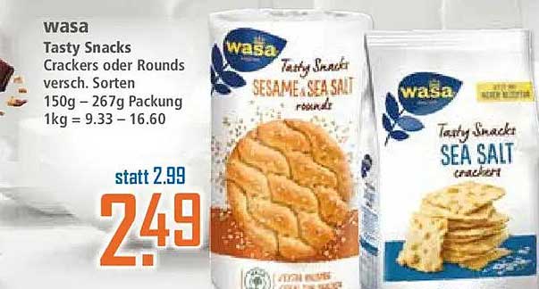 wasa Tasty Snacks Crackers oder Rounds versch. Sorten 150g – 267g Packung 1kg = 9.33 – 16.60