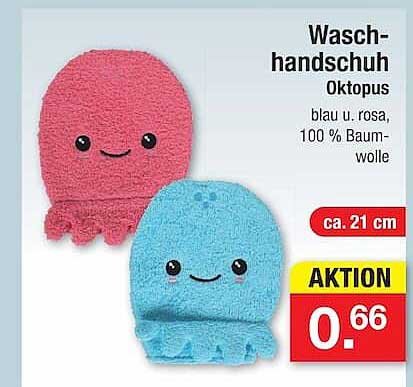 Waschhandschuh Oktopus blau u. rosa, 100 % Baumwolle
