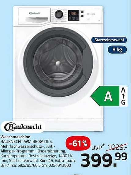 Waschmaschine BAUKNECHT WM BK 8A2JGS, Mehrfachwasserschutz+, Anti-Allergie-Programm, Kindersicherung, Kurzprogramm, Restzeitanzeige, 1400 U/min, Startzeitvorwahl, 45 cm, Extra Touch, B/H/T ca. 59,5/85/60,5 cm