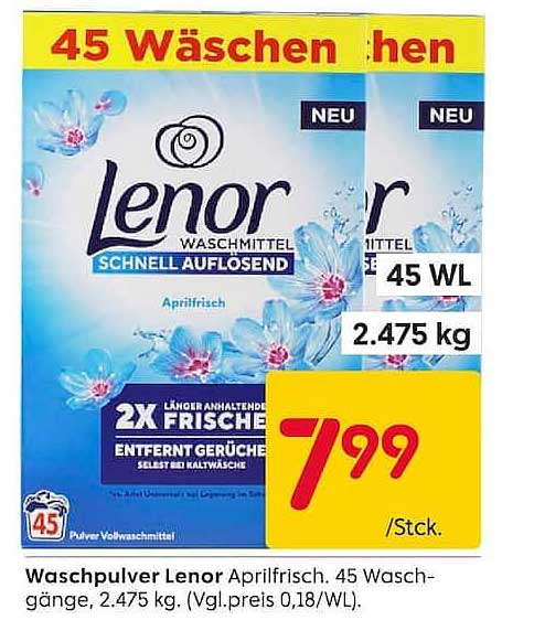 Waschpulver Lenor Aprilfrisch. 45 Waschgänge, 2.475 kg. (Vgl.preis 0,18/WL).