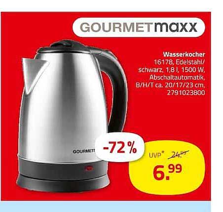 Wasserkocher 16178 Edelstahl/schwarz, 1,8 l, 1500 W, Abschaltautomatik, B/H/T ca. 20/17/23 cm, 2791023800