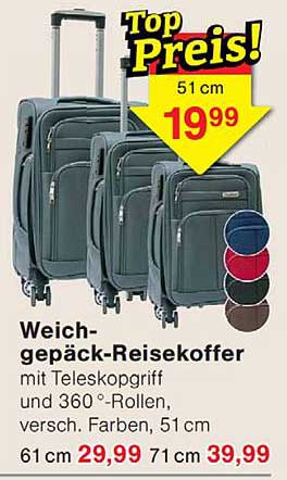 Weich- gepack-Reisekoffer mit Teleskopgriff und 360°-Rollen, versch. Farben, 51 cm