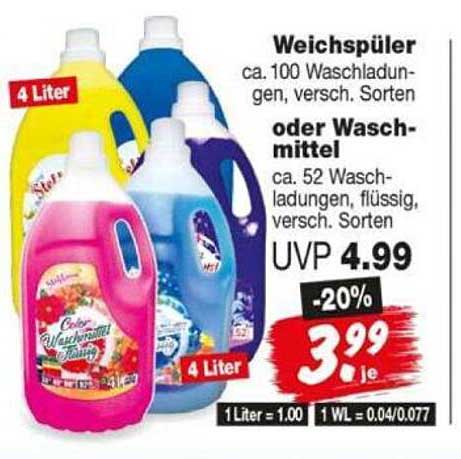 Weichspüler ca. 100 Waschlaundungen, versch. Sorten oder Waschmittel ca. 52 Waschlaundungen, flüssig, versch. Sorten