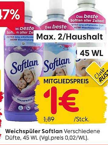 Weichspüler Softlan Verschiedene Düfte, 45 WL (Vgl.preis 0,02/WL).