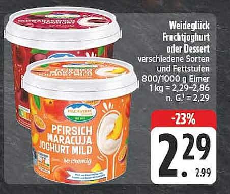 Weideglück Fruchtjoghurt oder Dessert verschiedene Sorten und Fettstufen 800/1000 g Eimer