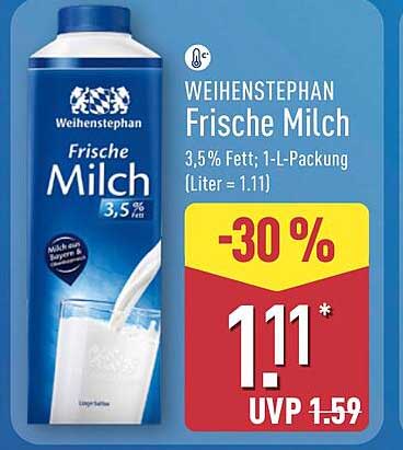 WEIHENSTEPHAN Frische Milch 3,5% Fett; 1-L-Packung (Liter = 1.11)