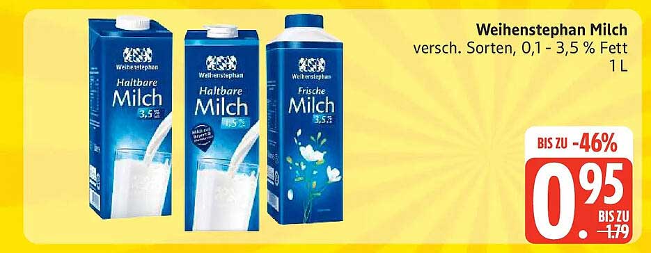 Weihenstephan Milch versch. Sorten, 0,1 - 3,5 % Fett 1 L