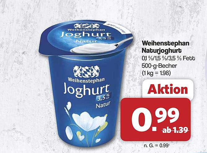 Weihenstephan Naturjoghurt 0,1 %/1,5 %/3,5 % Fett, 500-g-Becher