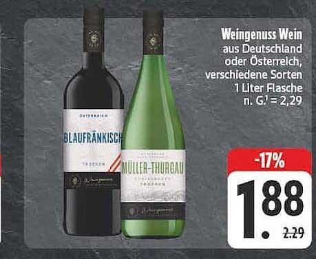 Weingenuss Wein aus Deutschland oder Österreich, verschiedene Sorten 1 Liter Flasche n. G1 = 2,29