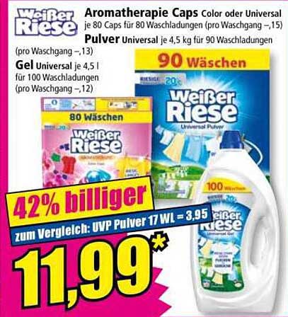 Weißer Riese Aromatherapie Caps Color oder Universal je 80 Caps für 80 Waschgänge (pro Waschg. ~15) Pulver Universal je 4,5 kg für 90 Waschgänge, Gel Universal je 4,5 l für 100 Waschgänge (pro Waschg. ~12)