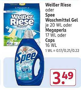 Weißer Riese oder Spee Waschmittel Gel je 20 WL oder Megaperls 17 WL oder Caps 16 WL