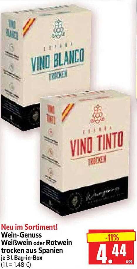 Weißwein oder Rotwein trocken aus Spanien je 3 l Bag-in-Box (1 l = 1.48 €)