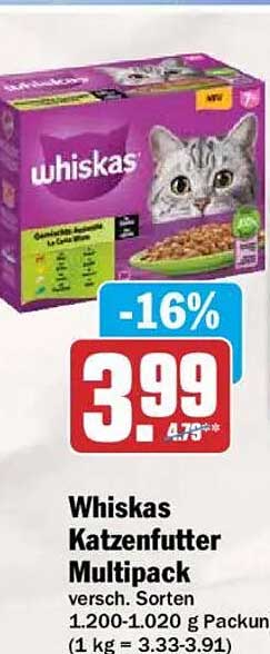 Whiskas Katzenfutter Multipack versch. Sorten 1.200-1.020 g Packung (1 kg = 3.33-3.91)