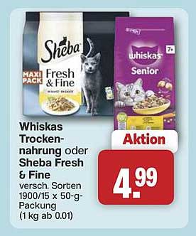Whiskas Trocken-nahrung oder Sheba Fresh & Fine versch. Sorten 1900/15 x 50-g-Packung (1 kg ab 0,01)