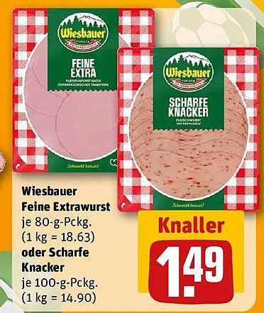 Wiesbauer Feine Extrawurst je 80-g-Pckg. (1 kg = 18.63) oder Scharfe Knacker je 100-g-Pckg. (1 kg = 14.90)
