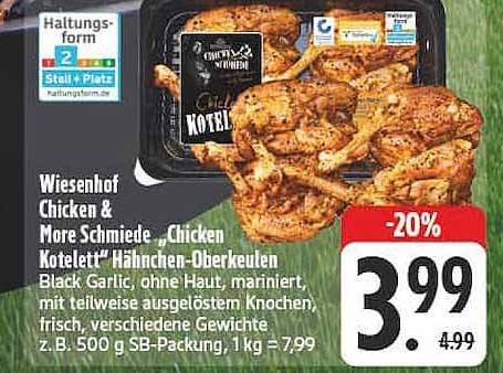 Wiesenhof Chicken & More Schmiede „Chicken Kotelett“ Hähnchen-Oberkeulen Black Garlic, ohne Haut, mariniert, mit teilweise ausgelöstem Knochen, frisch, verschiedene Gewichte z.B. 500 g SB-Packung, 1 kg = 7,99