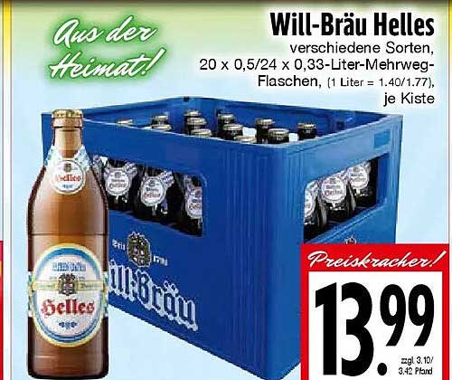 Will-Bräu Helles verschiedene Sorten, 20 x 0,5/24 x 0,33-Liter-Mehrweg-Flaschen, (1 Liter = 1,40/1,77), je Kiste