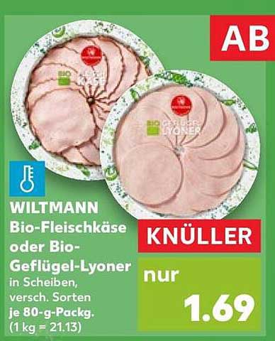 WILTMANN Bio-Fleischkäse oder Bio-Geflügel-Lyoner in Scheiben, versch. Sorten je 80-g-Packg. (1 kg = 21.13)
