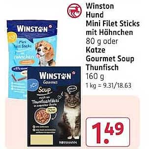 Winston Hund Mini Filet Sticks mit Hühnchen 80 g oder Katze Gourmet Soup Thunfisch 160 g