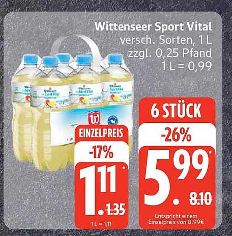 Wittenseer Sport Vital versch. Sorten, 1 L zzgl. 0,25 Pfand 1 L = 0,99